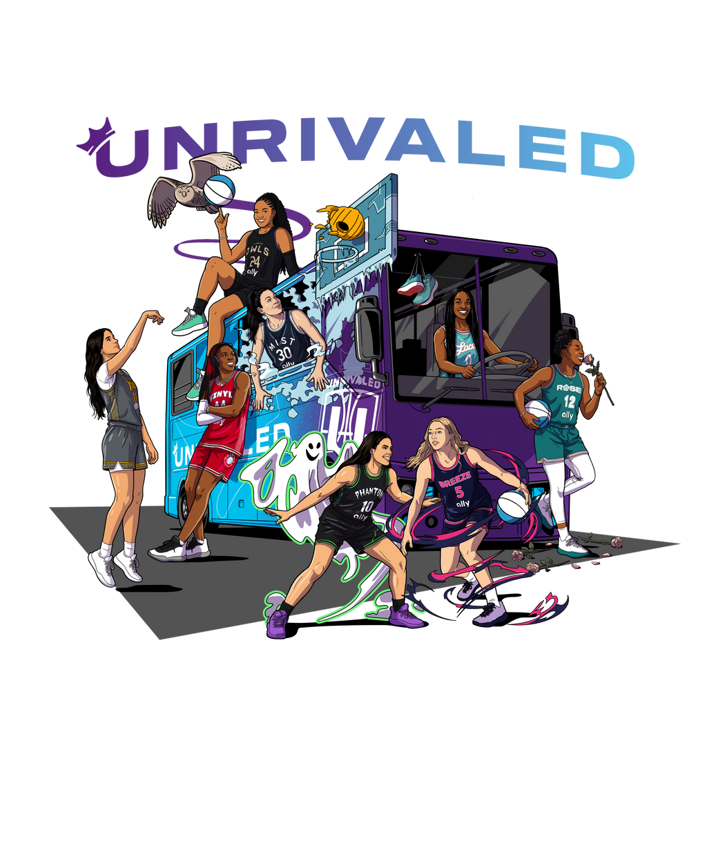 A stylized illustrated graphic featuring multiple basketball players around and riding a purple and blue bus with the word UNRIVALED above it, on a transparent background.