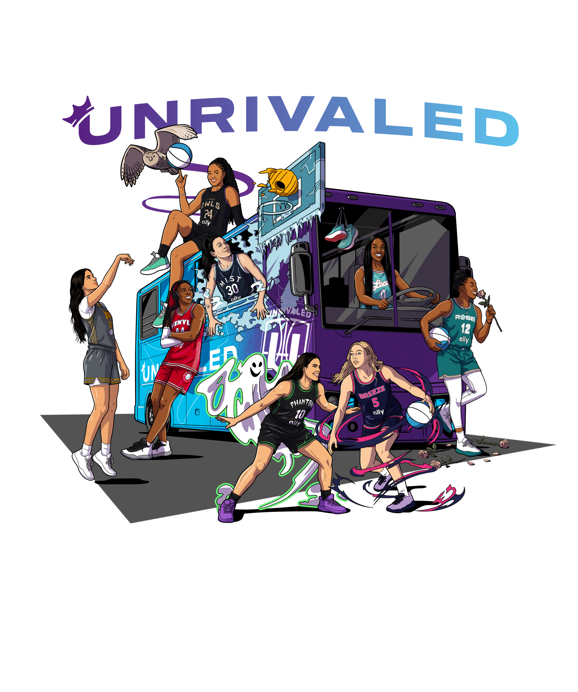 A stylized illustrated graphic featuring multiple basketball players around and riding a purple and blue bus with the word UNRIVALED above it, on a transparent background.