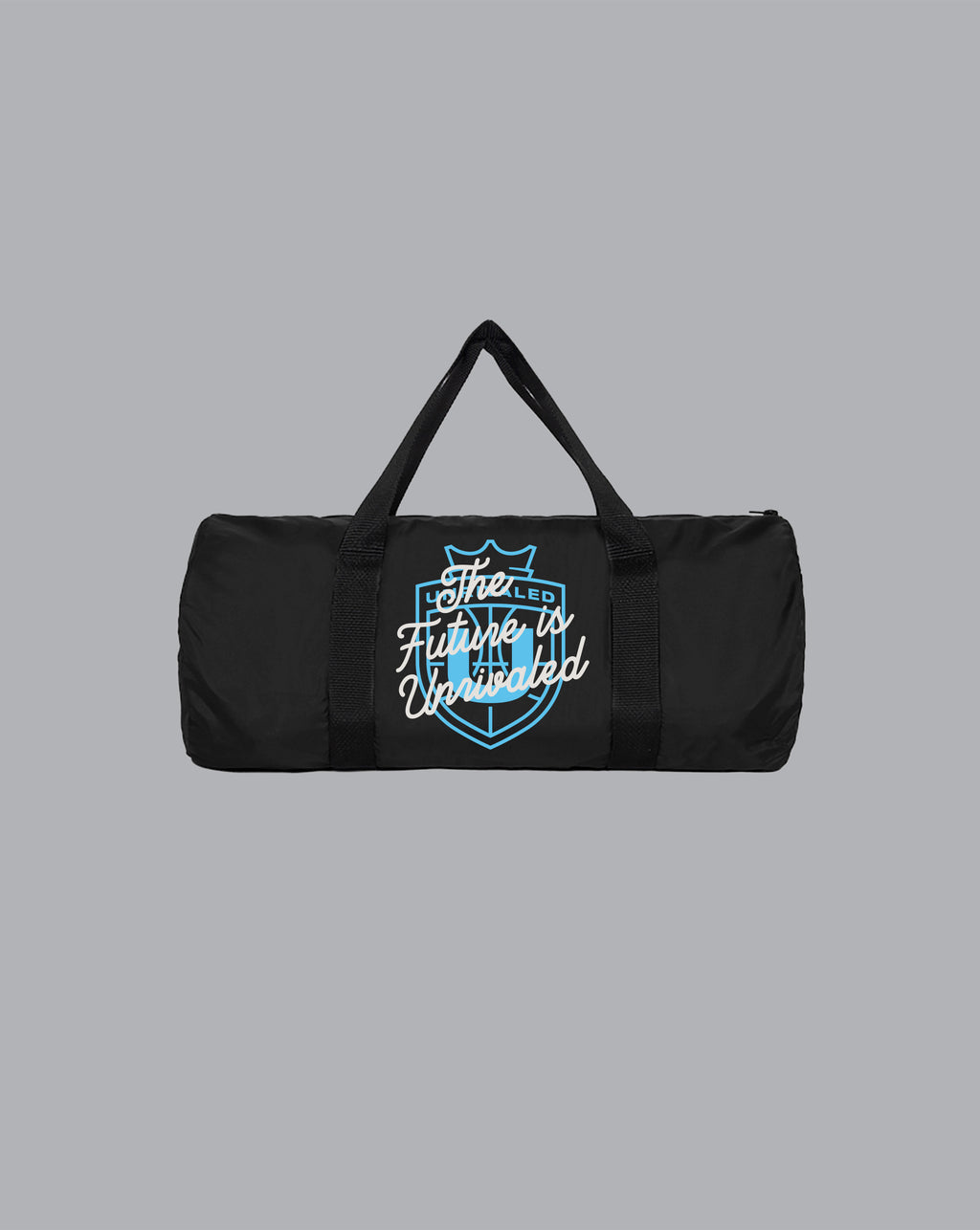 Black duffel bag with white text "The Future is Unrivaled" and blue Unrivaled logo