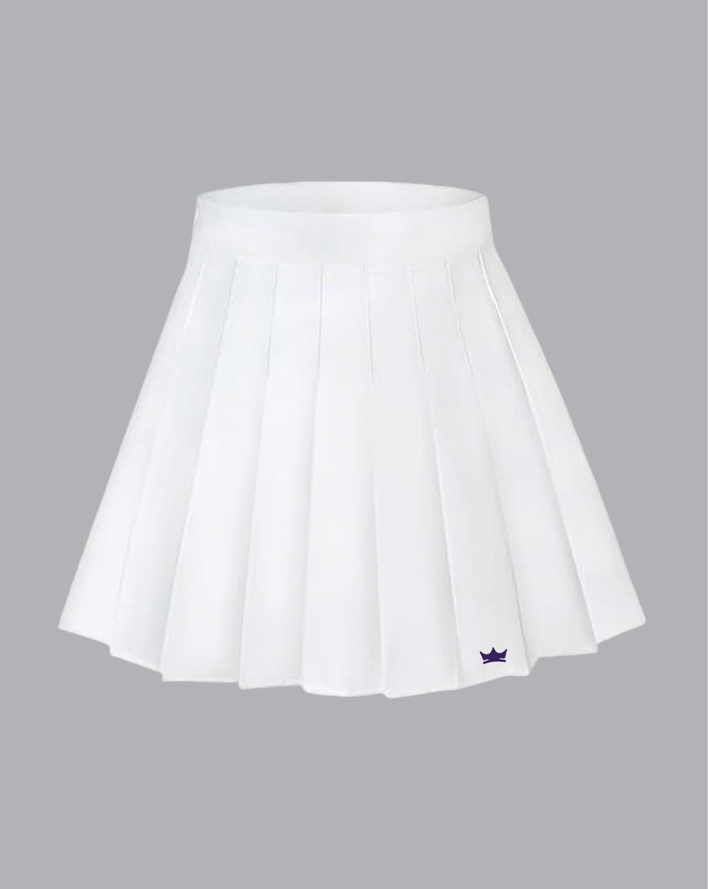 White pleated skirt with a small Unrivaled logo on a gray background