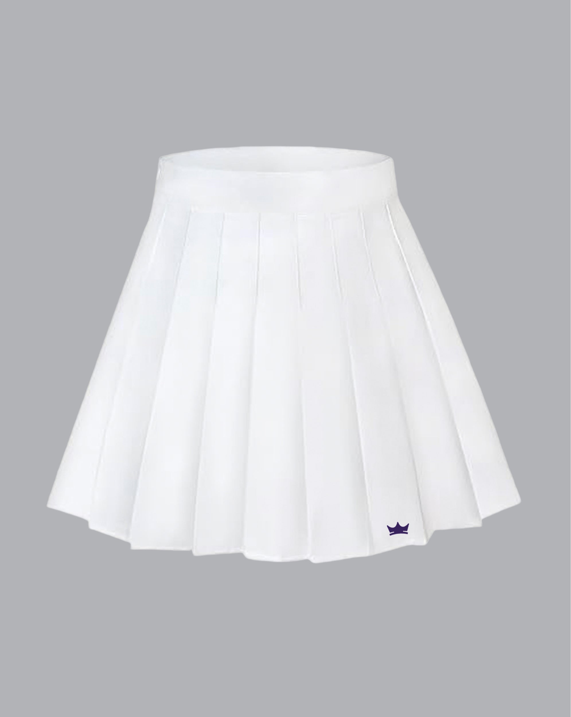 White pleated skirt with a small Unrivaled logo on a gray background