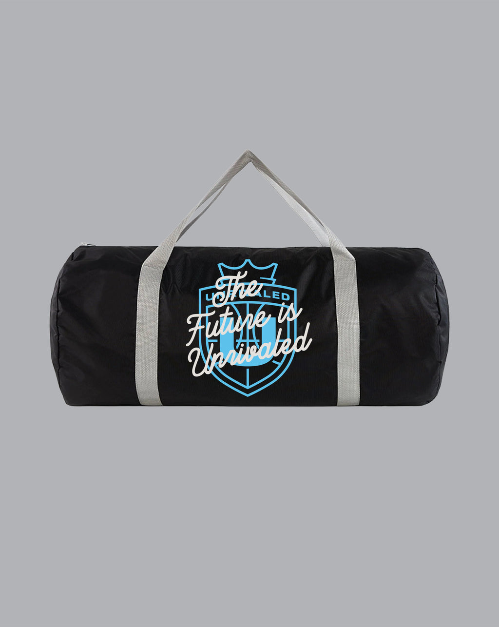 Black duffel bag with white text "The Future Is Unrivaled" and blue Unrivaled logo on a gray background
